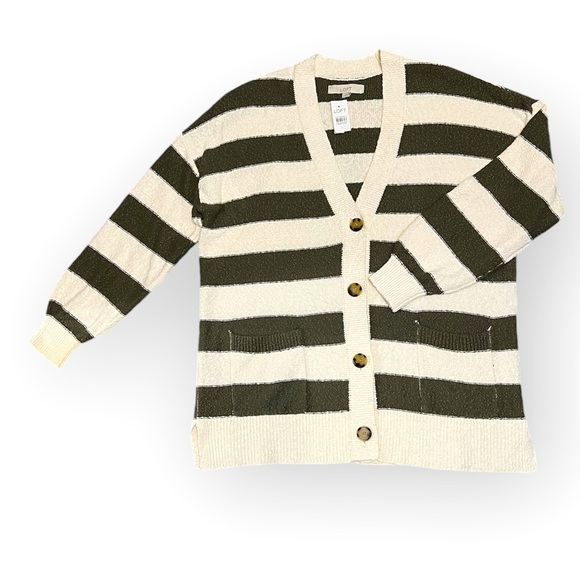 LOFT Green Cream Striped Cardigan V Neck Button Front Large NWT - Picture 1 of 7